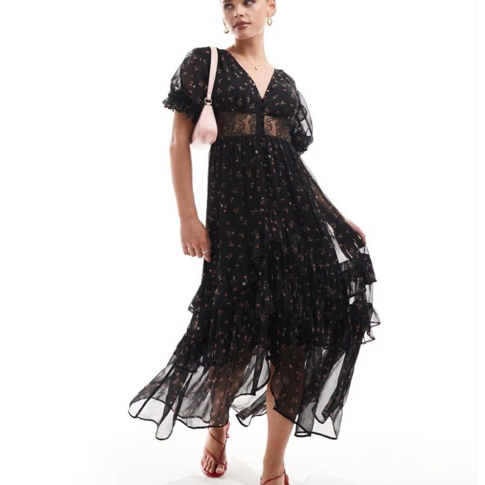 asos black chiffon dress | Dresses | Asos Dark Floral Midi Ruffles Whimsygoth Dark Romantic Sz 4 Petite women’s workwear Anthropologie Somerset Maxi Dress Sleeve:31 The ASOS DESIGN drape
